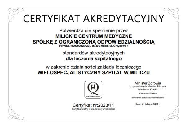 Certyfikat Akredytacyjny Szpitala w Miliczu na lata 2023-2026 wydany przez Centrum Monitorowania Jakości w Ochronie Zdrowia w Krakowie