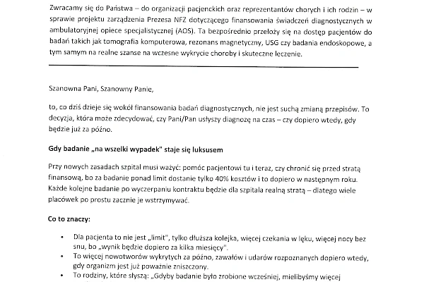 List otwarty do organizacji pacjenckich i pacjentów