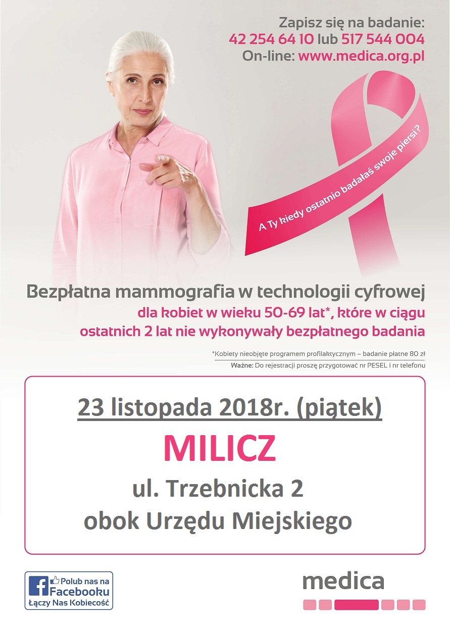 23 listopada w Miliczu odbędzie się bezpłatna mammografia dla kobiet w wieku 50-69 lat
